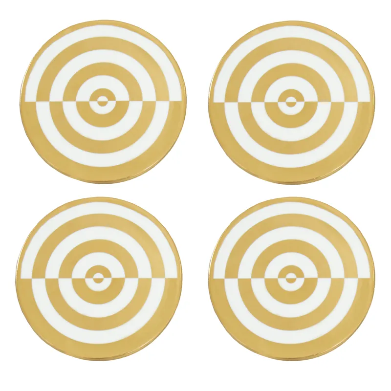 Decorative White and Gold Ceramic Coaster Set, Luxe Glazed Stoneware Coasters with Bullseye Pattern - Orsina