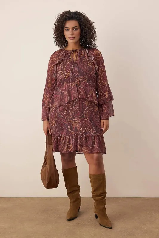Tie Neck Chiffon Smock Mini Dress with Ruffle Detail - WOVCOR