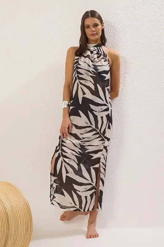 Tropical Print Halterneck Maxi Beach Dress with Side Slit - WOVCOR