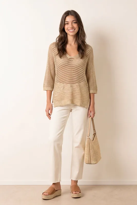 Gold Metallic Crochet V Neck Top - Blue Vanilla