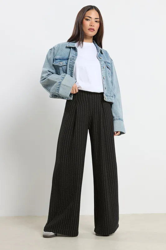 Petite Pinstripe Palazzo Wide Leg Trousers - PixieGirl