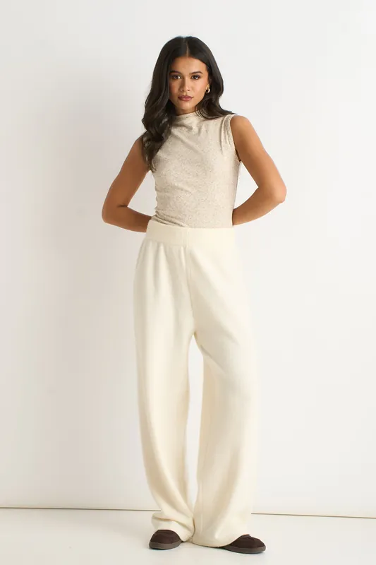 Off White Knitted Pull On wide Leg Trousers - Gini London