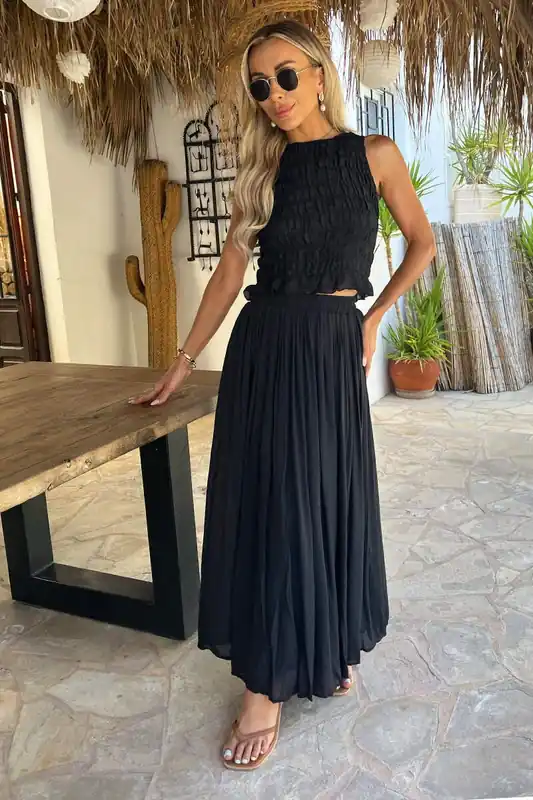 Black Pleated Boho Midi Skirt - AX Paris