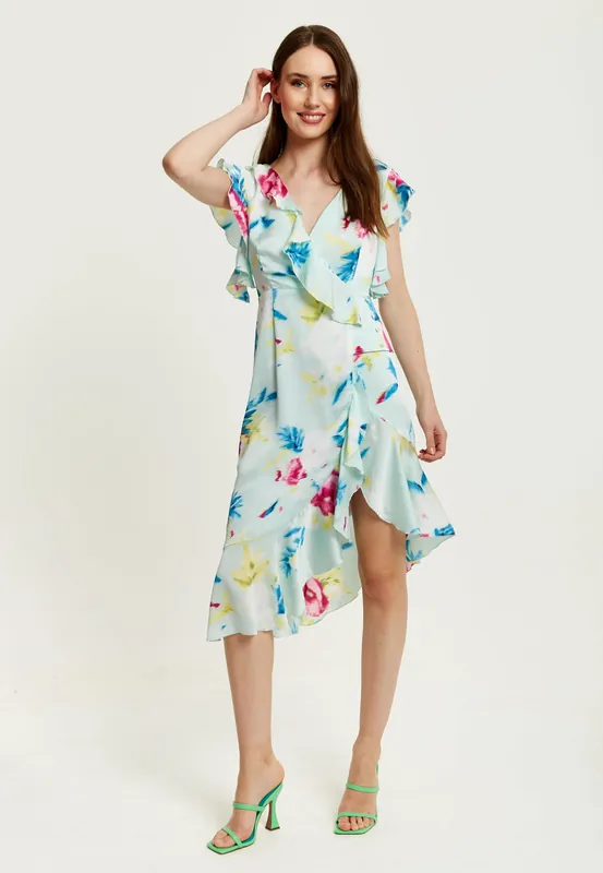 Floral Print Midi Wrap Dress in Mint Green - Liquorish