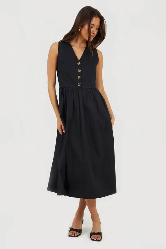 Sleeveless V-Neck Button Down Midi Dress