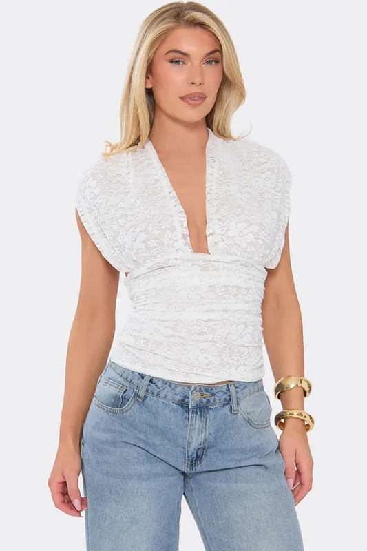 Short Sleeve Tie Plunging Neckline Tie Back Lace Top - EGO
