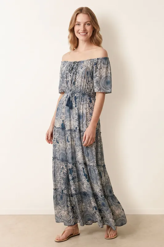 Navy Tie Front Bardot Maxi Dress - Blue Vanilla