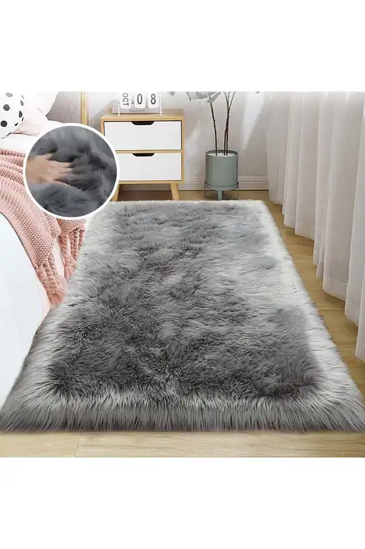 60x120cm Grey Plush Faux Wool Rectangular Area Rugs Window Sill & Sofa Cushion - Living and Home