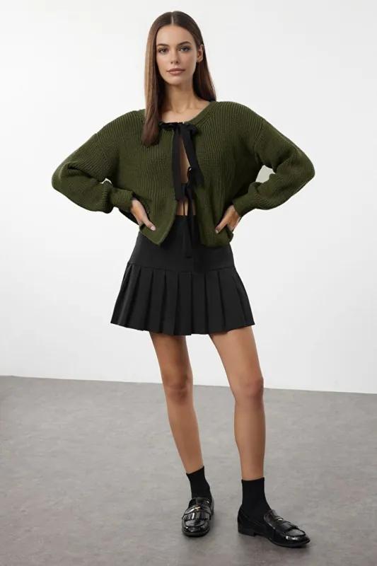 Cropped Reversible Knit Sweater with Bow Tie Detail - WOVCOR