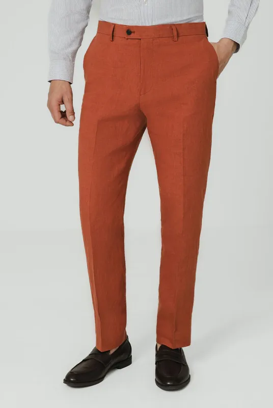 Burnt Orange Pure Linen Suit Trousers - Dobell