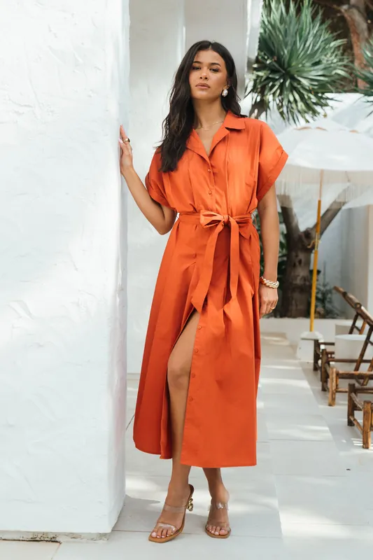 Rust Cotton Button Through Belted Shirt Dress - Gini London