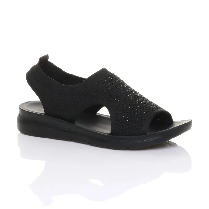 Low Wedge Heel Slingback Diamante Summer Holiday Comfort Sandals - AJVANI
