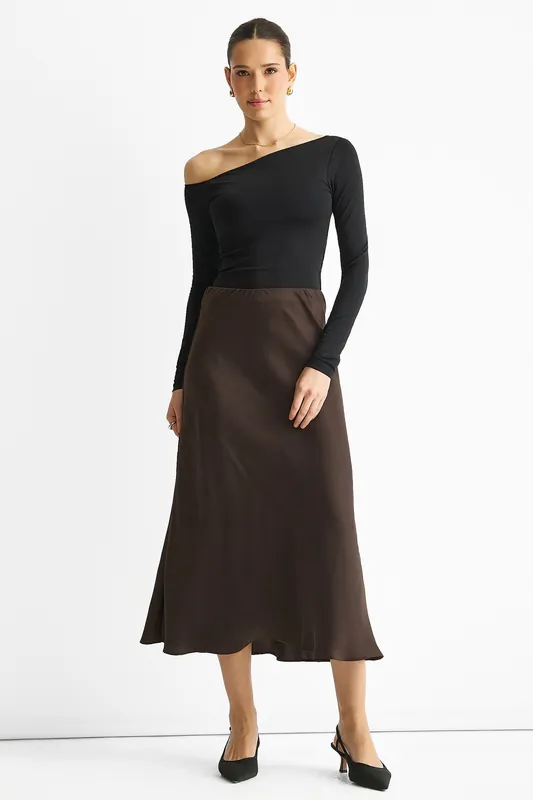 Chocolate Bias Midi Skirt - Gini London