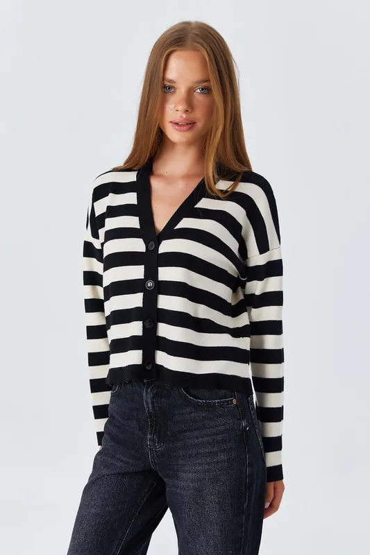 Striped V-Neck Buttoned Cardigan