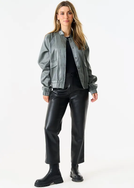 Grey Metallic Elasticated Waist Bomber Jacket - Gini London