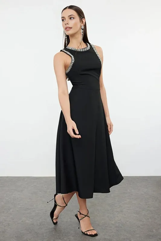 Embellished Neck Sleeveless Midi Skater Dress - WOVCOR