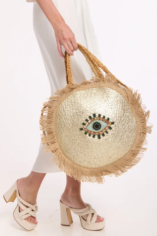 Evil Eye Sequin Round Fringe Jute Tote Bag - Liquorish