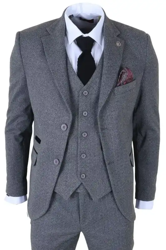 IM41 3 Piece Suit Wool Blend Tweed Herringbone Formal - TruClothing