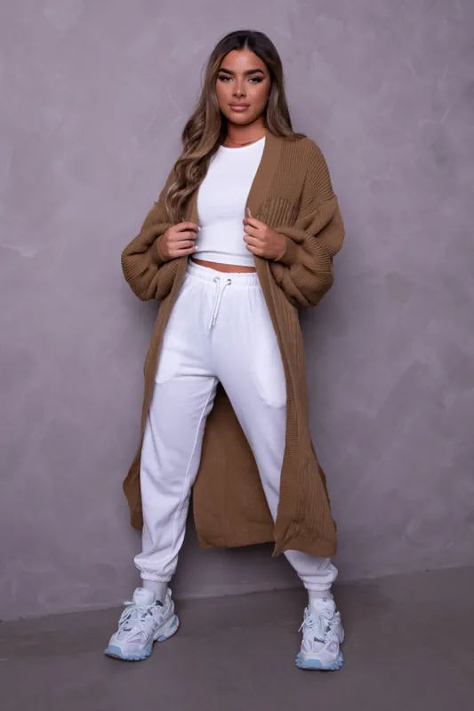 Knitted Balloon Sleeve Side Split Longline Midi Cardigan - Femme Luxe