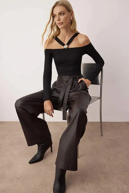 Off Shoulder Halterneck Knit Bodysuit with Gold Detail - WOVCOR