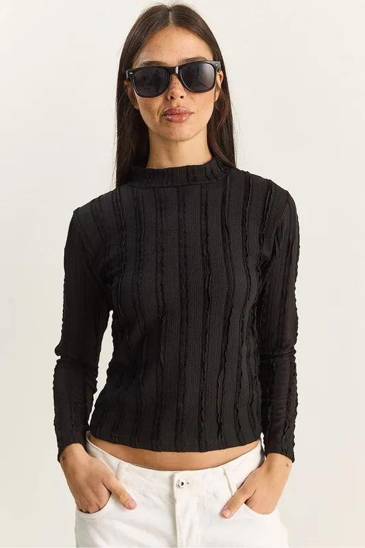Half Turtleneck Long Sleeve Cotton Blouse - Bianco Lucci