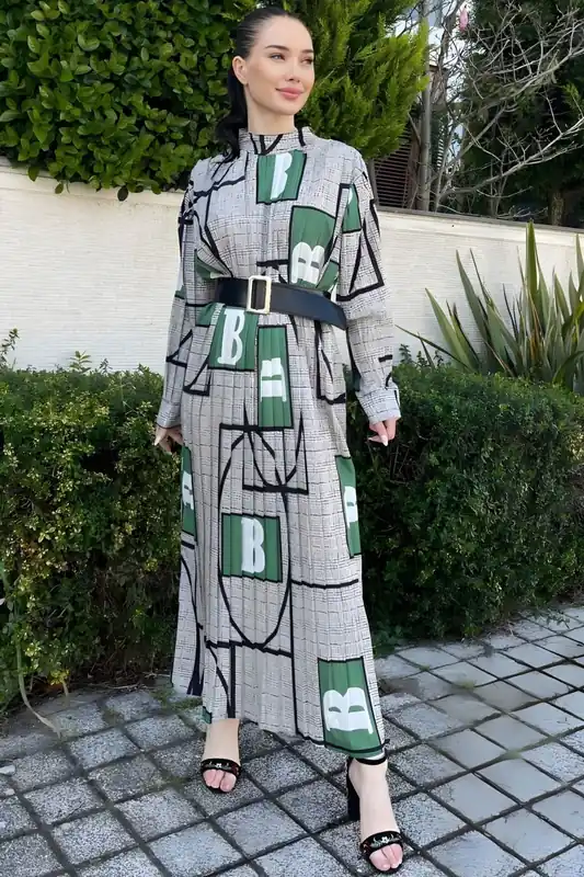 Geometric Print Belted Maxi Dress with Mandarin Collar - MSN Collection
