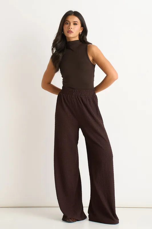 Chocolate Textured Elastic Waist Pull On Trousers - Gini London