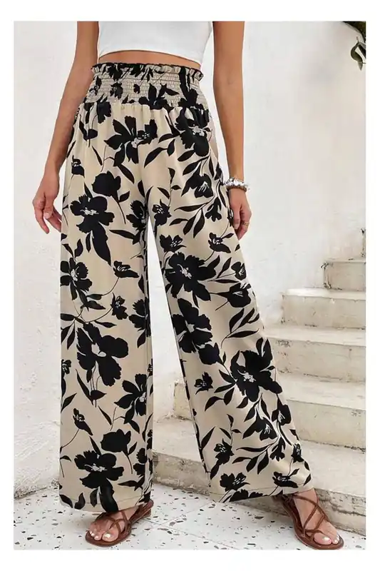 Khaki Floral Print Smocked High Waist Wide Leg Pants - Everyday The Label