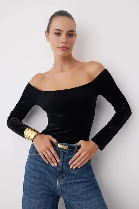 Velvet Off Shoulder Long Sleeve Bodysuit - WOVCOR