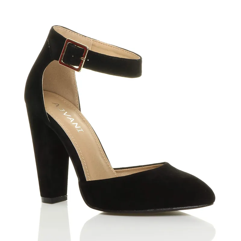 High Block Heel Ankle Strap Pointed Toe Court Shoes - AJVANI