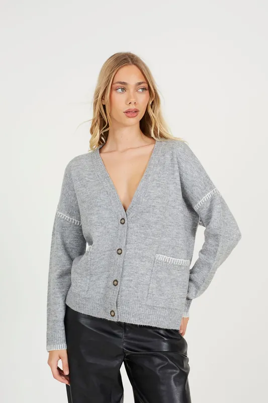 Contrast Stitch Button Through V-neck Cardigan