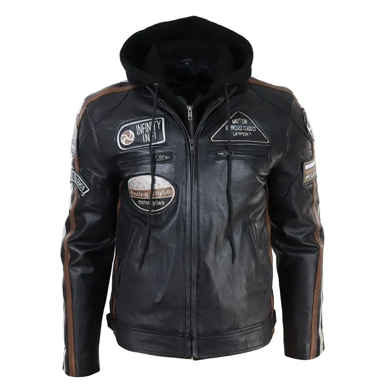 Hooded Zipped Biker Leather Jacket - TruClothing