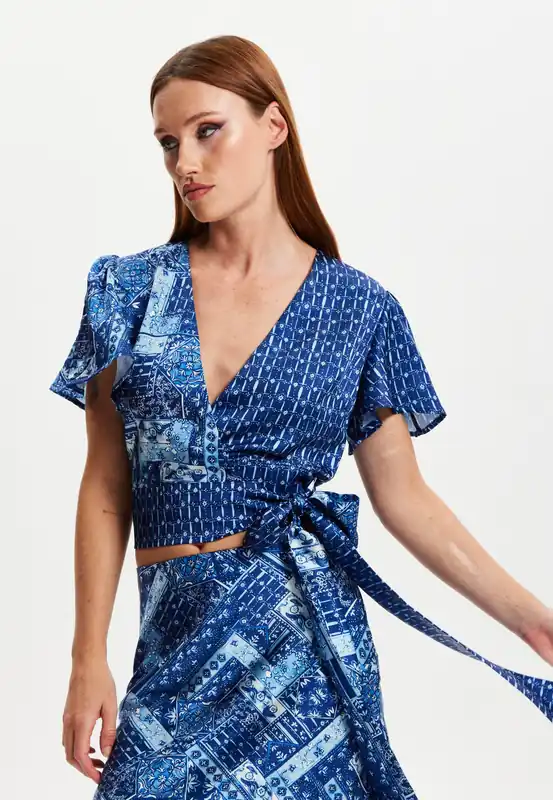 Scarf Print Angel Sleeve Wrap Top - Liquorish