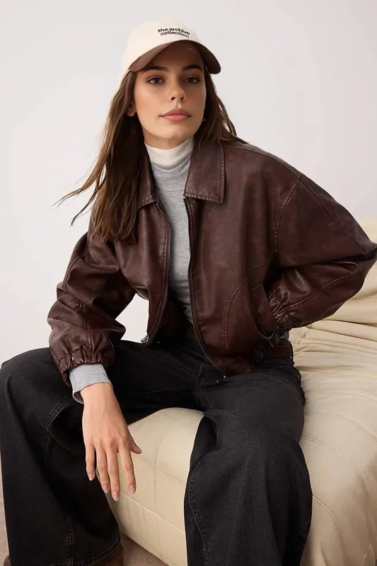 Vintage Washed Zip Through Faux Leather Bomber Jacket - WOVCOR