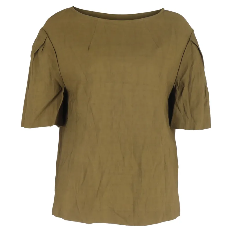 Preloved Drop Shoulder Short Sleeve Blouse in Khaki Linen - Dries Van Noten