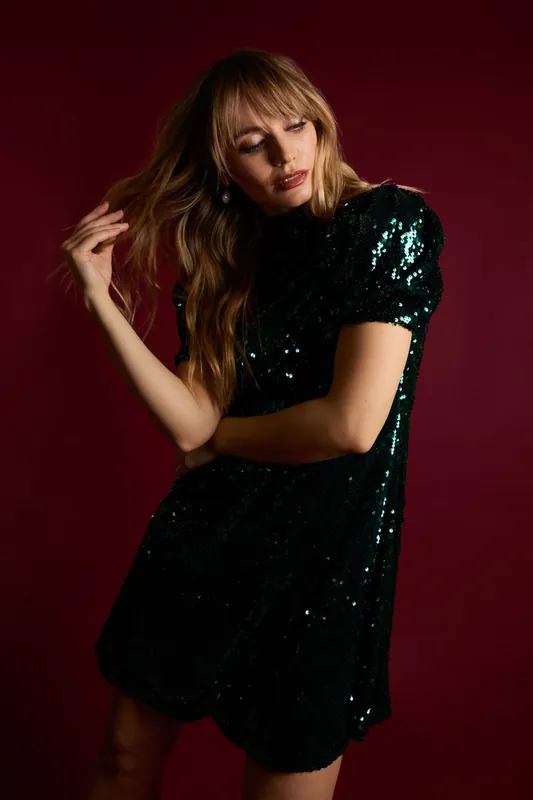 Puff Sleeve Sequin Mini Dress - Blue Vanilla