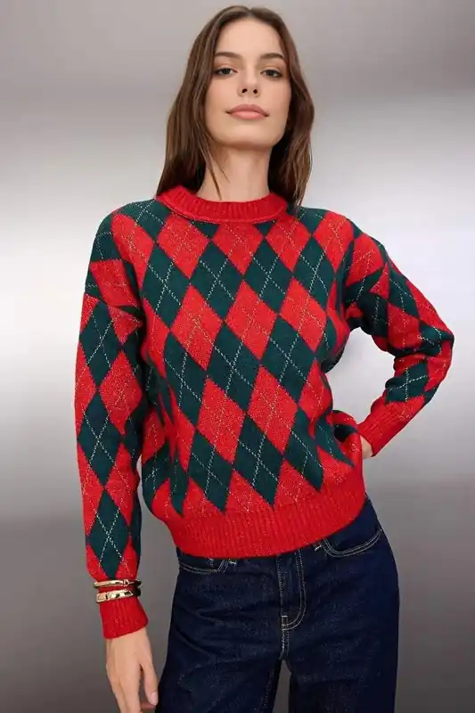 Christmas Glitter Argyle Knit Sweater - WOVCOR