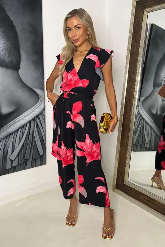 Black And Cerise Floral Print Wrap Top Belted Jumpsuit - AX Paris