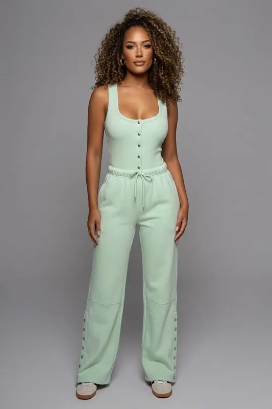 Button Detail Ribbed Bodysuit and Fleece Jogger Two-Piece Set