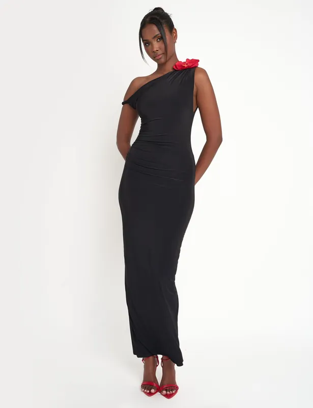 Flower Trim Dropped Shoulder Luxe Slinky Maxi Dress Black - Public Desire