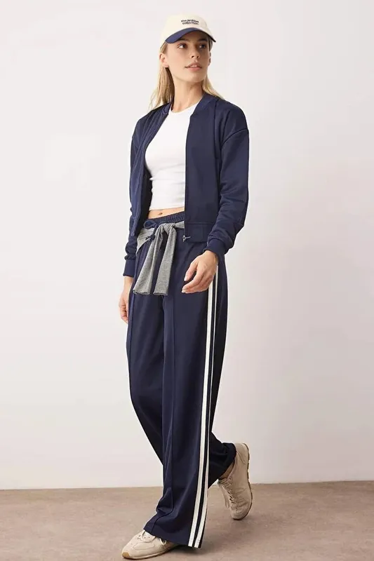 Side Stripe Wide Leg Drawstring Scuba Joggers - WOVCOR
