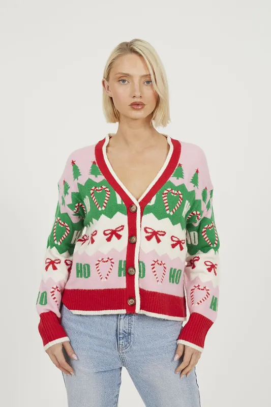 Jacquard Knit V-Neck Christmas Cardigan