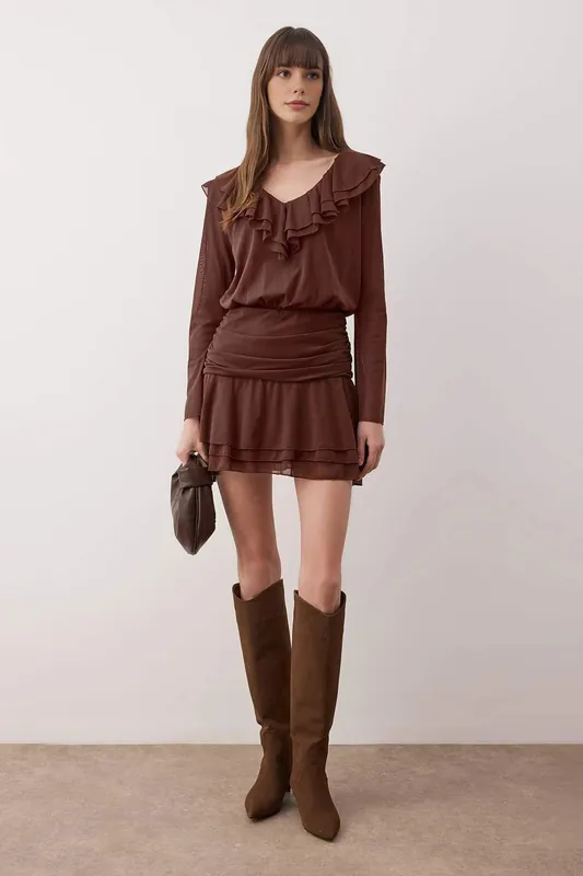 Ruffle Detail Fitted Long Sleeve Mini Knit Dress - WOVCOR