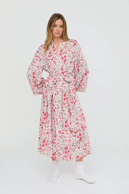 Corina Kimono Style Jasmine Print Robe In Cream - Lily and Lionel