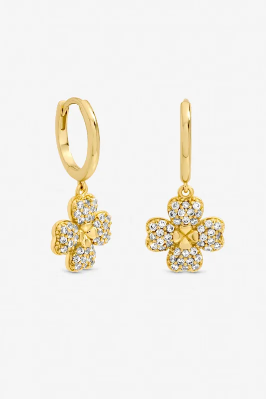 Gold Plated and Pave Clover Huggie Earrings - Jon Richard