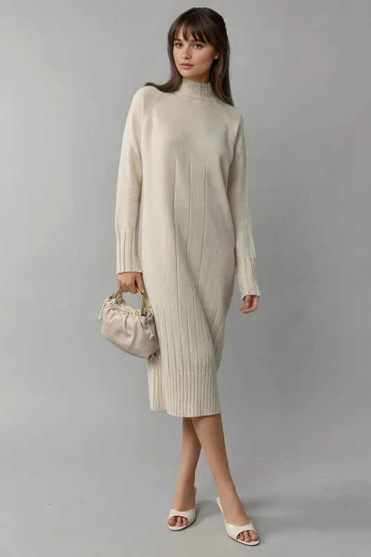 Half Turtleneck Midi Knitwear Dress - MyFashion