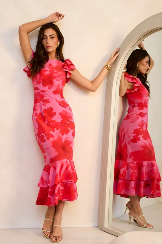 Pink Watercolor Floral Print Ruffle Midaxi Dress - Gini London
