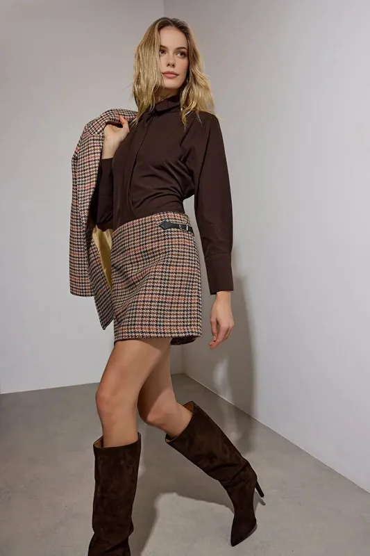 Houndstooth Mini Wrap Skirt With Buckle Detail - WOVCOR