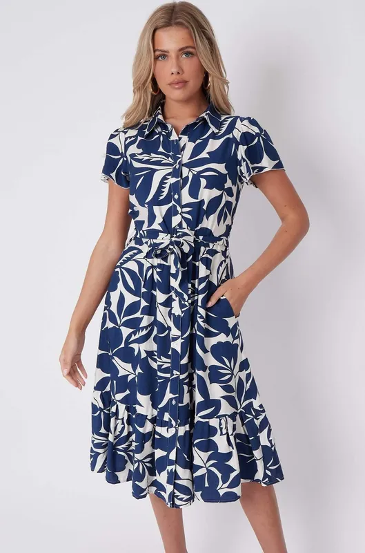 Navy Leaf Printed Frilled Hem Midi Dress - Love Sunshine