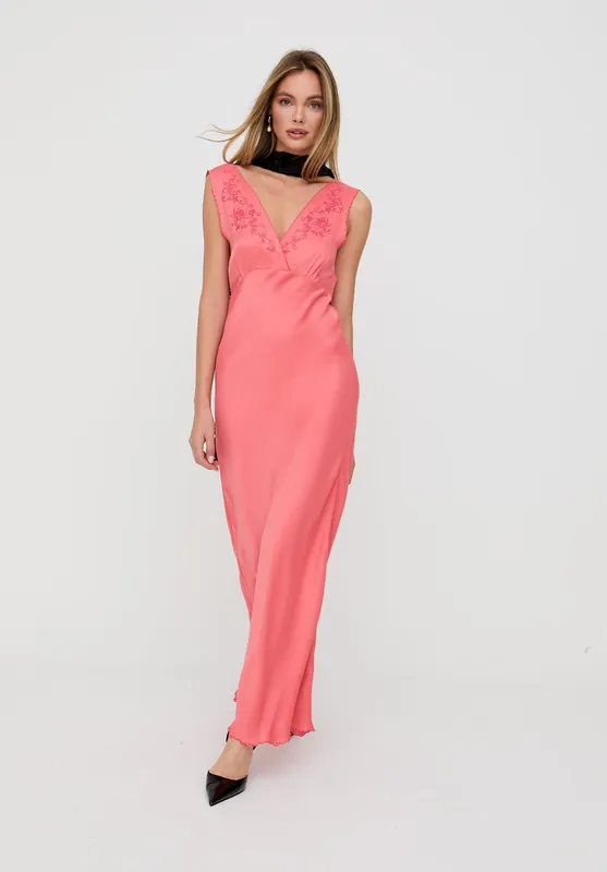 Pandora Bias Cut Sleeveless Embroidered Maxi Dress In Orange - Lily and Lionel